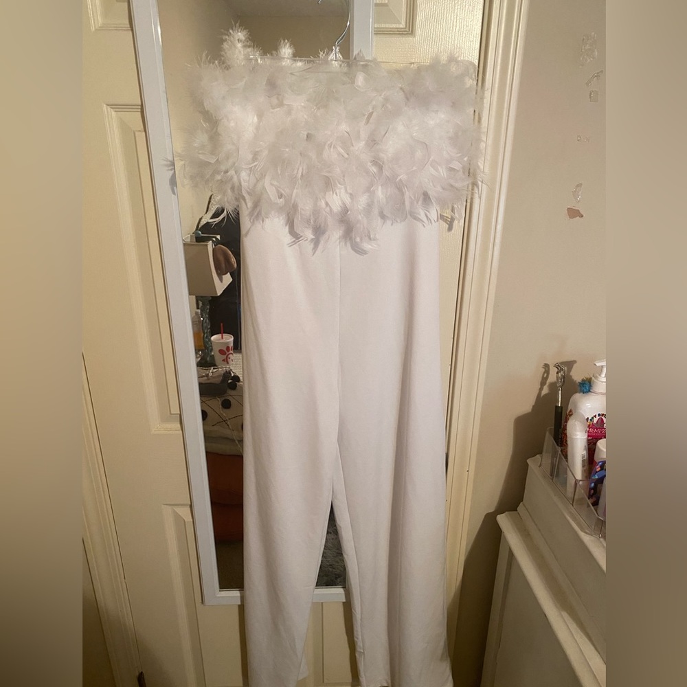 White Feather-Trim Strapless Jumpsuit